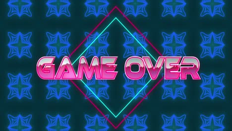 Animation-of-game-over-text-in-pink-metallic-letters-over-neon-diamonds-and-blue-kaleidoscope-shapes