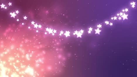 Animation-of-glowing-star-shaped-fairy-lights-over-spots-on-purple-to-pink-background