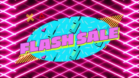 Animation-of-flash-sale-text-on-vintage-style-banner-over-neon-pink-mesh