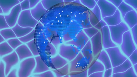 Animation-of-blue-pixelated-globe-rotating-with-water-refracted-blue-grid-background