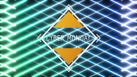 Animation-of-cyber-monday-text-in-diamond-shape-frame-over-glowing-green-to-blue-mesh