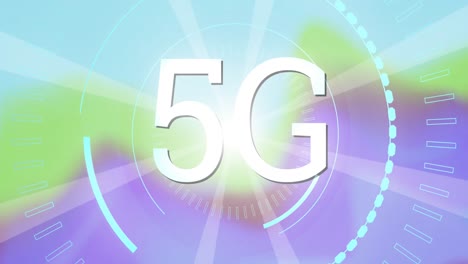 Animation-of-5g-text-over-scope-scanning-and-glowing-colourful-background