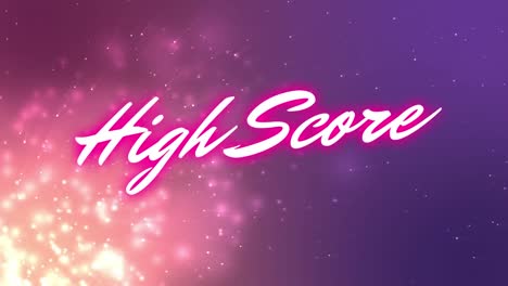 Animation-of-high-score-text-in-white-letters-over-glowing-spots-on-pink-to-purple-background