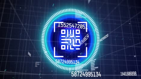Animation-of-qr-code-online-security,-scope-scanning-and-numbers-changing-over-grid-in-background