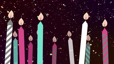 Animation-of-multiple-colourful-birthday-lit-candles-over-colourful-confetti-falling