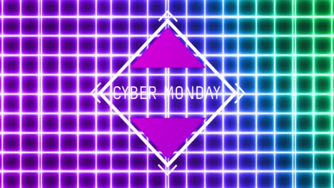Animation-of-cyber-monday-text-in-white-letters-over-neon-glowing-grid
