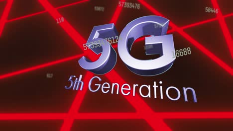 Animation-of-5g-5th-generation-text-and-numbers-changing-over-glowing-red-lines-background