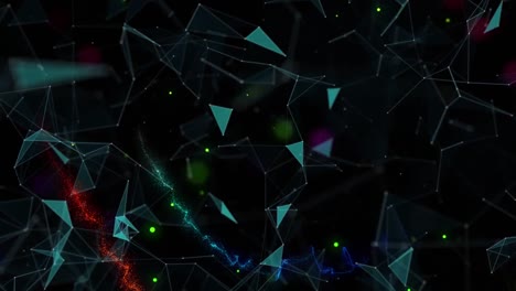 Animation-of-glowing-networks-of-connected-points-and-colourful-trails-floating-on-black-background