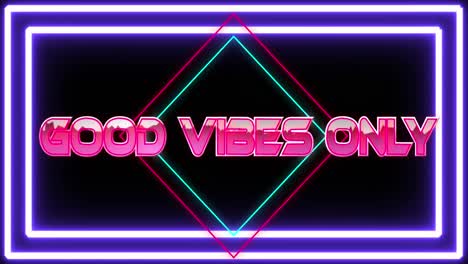 Animation-of-good-vibes-only-text-in-pink-metallic-letters-over-diamonds-and-neon-purple-frame
