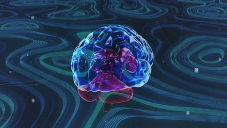 Animation-of-transparent-blue-brain-rotating-on-green-background-with-flashing-points-of-light