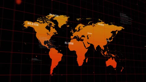 Animation-of-orange-world-map-with-numbers-floating-above-it-on-black-background