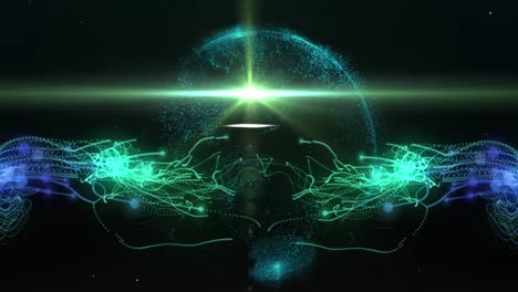 Animation-of-a-globe-of-glowing-points-with-glowing-energy-currents-moving-on-black-background