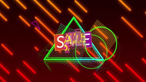 Animation-of-sale-text-in-white-letters-over-neon-shapes-and-glowing-orange-lines