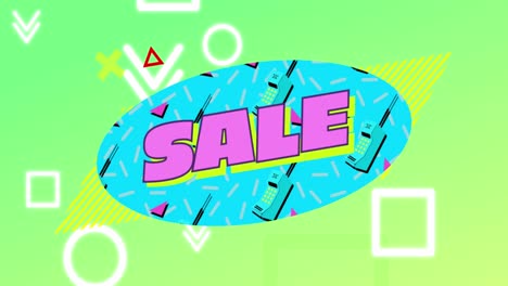 Animation-of-sale-text-in-pink-letters-over-blue-oval-and-shapes-on-green-background
