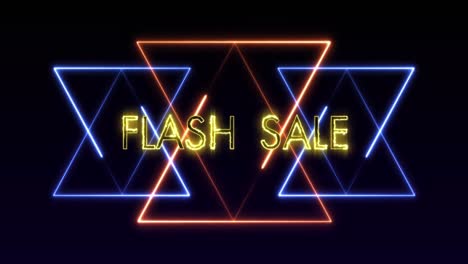 Animation-of-flash-sale-text-in-glowing-yellow-letters-over-neon-triangles