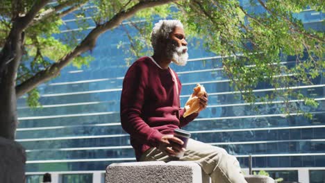 African-american-senior-man-having-a-snack-and-drinking-coffee-at-corporate-park