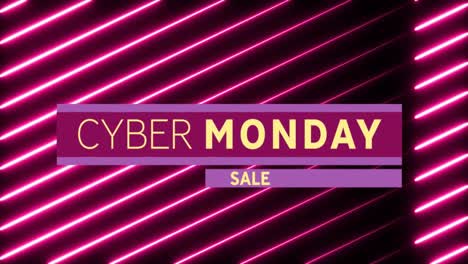 Animation-of-cyber-monday-sale-text-in-yellow-letters-over-red-diagonal-neon-lines