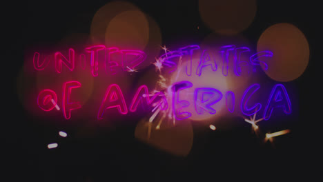 Animation-of-glowing-sparkler-and-united-states-of-america-text-in-neon-glowing-letters