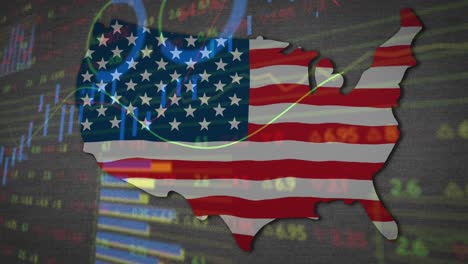 Animation-of-financial-data-processing-over-map-of-usa-with-american-flag