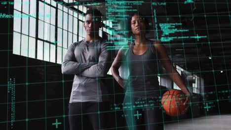 Animation-of-statistics-and-graphs-over-man-and-woman-holding-a-basketball