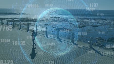 Animation-of-globe-with-network-of-connections-over-woman-walking,-exercising-by-seaside