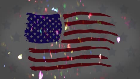Animation-Von-Mehrfarbigem-Konfetti,-Das-über-Die-Amerikanische-Flagge-Fällt