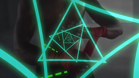 Animation-of-green-glowing-neon-triangles-over-man-wrapping-hands-before-boxing-practice