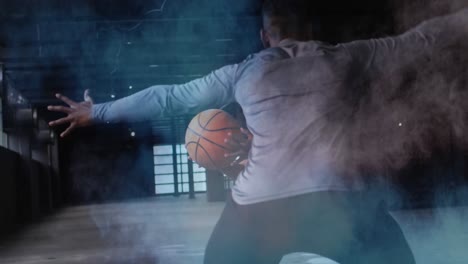 Animation-of-colourful-powder-flowing-over-man-and-woman-playing-basketball