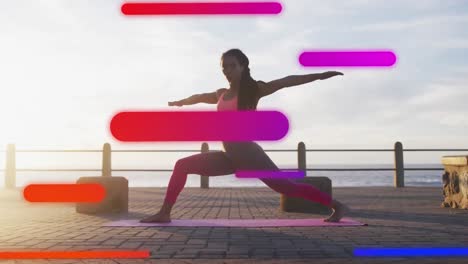 Animation-of-colourful-shapes-floating-over-woman-exercising-on-promenade-by-the-sea