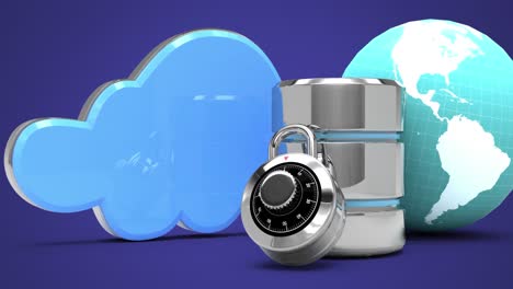 Database-server-over-cloud-icon-and-globe-against-blue-background