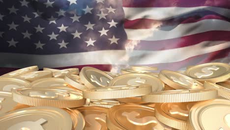 Animation-of-us-flag-waving-over-gold-coins