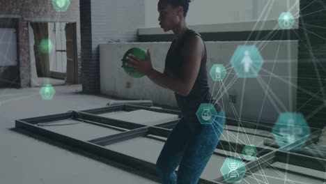 Animation-of-network-of-connections-with-medical-icons-over-woman-exercising-with-a-ball