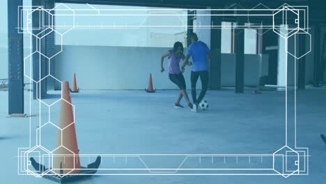 Digital-interface-with-hexagonal-shapes-against-african-american-woman-and-man-playing-soccer