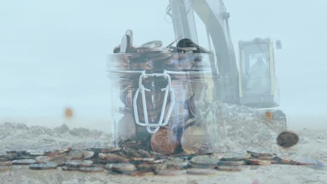 Digital-composite-video-of-bulldozer-working-on-landfill-against-coins-falling-in-a-glass-jar