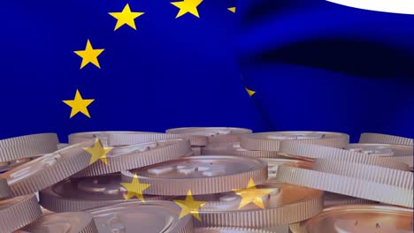 Animation-Der-Flagge-Der-Europäischen-Union,-Die-über-Goldmünzen-Weht