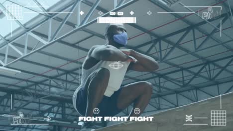 Gaming-interface-against-african-american-man-wearing-face-mask-jumping-on-plyo-box-at-gym