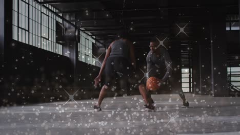 Animation-of-floating-shiny-dots-over-man-and-woman-playing-basketball
