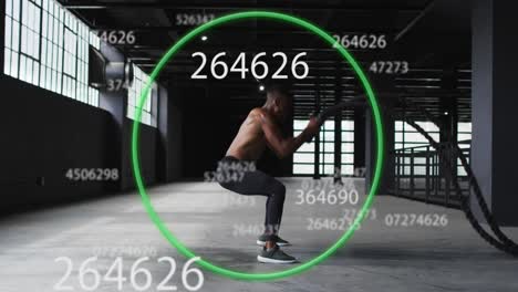 Animation-of-green-circle-and-floating-numbers-over-man-exercising-with-ropes
