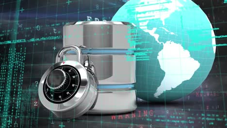 Animation-of-padlock,-silver-server-and-globe-over-data-processing-and-cyber-attack-warning