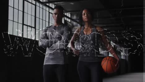 Animation-of-word-hello-over-man-and-woman-standing-and-holding-basketball
