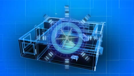 Animation-of-scope-scanning-over-spinning-3d-house-model-on-blue-background