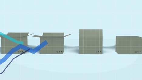 Animation-of-blue-lines-moving-up-over-grid-and-cardboard-boxes