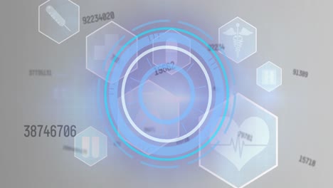 Animation-of-blue-circular-scope-scanning-with-rising-numbers-and-medical-icons-behind-on-grey