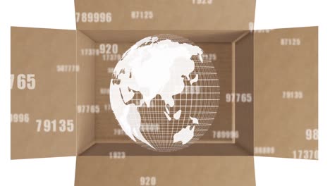 Animation-of-numbers-changing-and-globe-spinning-over-cardboard-box