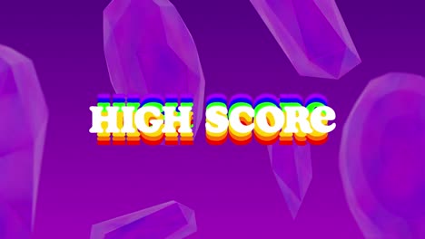 Digital-animation-of-rainbow-effect-high-score-text-against-crystals-moving-on-purple-background