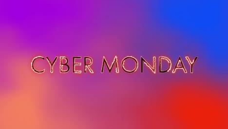 Digital-animation-of-burning-cyber-monday-text-against-blue-and-red-gradient-background