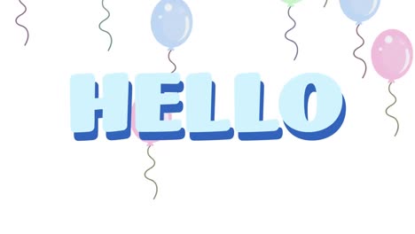Digitale-Animation-Von-Hallo-Text-Vor-Mehreren-Luftballons,-Die-Auf-Weißem-Hintergrund-Schweben