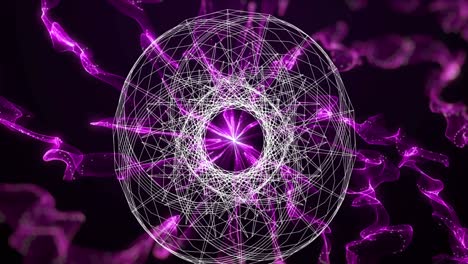 Animation-of-globe-of-network-of-connections-over-purple-light-trails-on-black-background