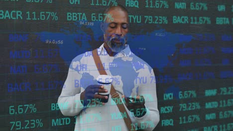 Stock-market-data-processing-against-man-holding-coffee-cup-talking-o-smartphone