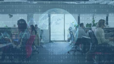Animation-of-digital-interface-showing-globe-and-information-with-business-people-working-in-office